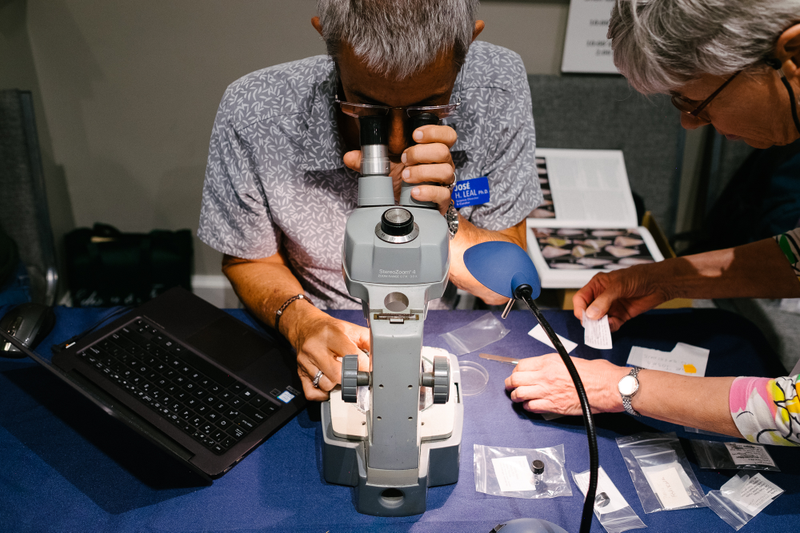 Jose Leal looks at tiny shells under a microscope while Phylis Sharp jots down what each one he identifies is.